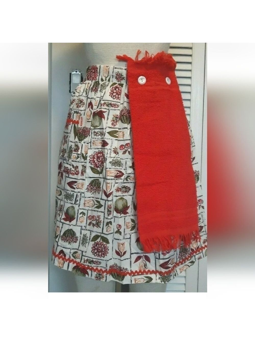 VTG SILIN'S floral HALF apron button MUSCOGEE hand towel RICK RACK coastal chic